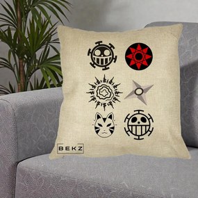 Perna Personalizata Simboluri Anime Mix - Naruto One Piece, 40x40 cm, Crem, Husa Detasabila, Perna Inclusa, BEKZ®