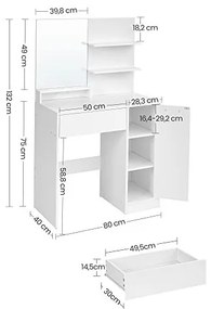 Masa de toaleta cu oglinda si rafturi, Vasagle, 80 x 40 x 132 cm, RDT119W01, Alb