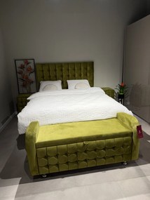 Set dormitor ( boxspring 160x200 cm, 2 noptiere, băncuță cu lada de depozitare), culoare olive, material catifea