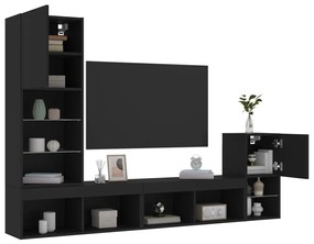Unitati de perete TV cu LED-uri, 4 piese, negru, lemn prelucrat