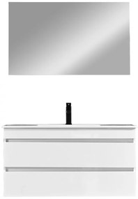 Mobilier de baie Cube 100 cm cu chiuvetă ceramică (2 sertare) și oglindă 60x100 cm vopsită în alb lucios