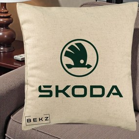 Perna Personalizata cu emblema Skoda, 40x40 cm, Bej, Husa Detasabila, Perna Inclusa, BEKZ®
