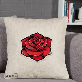 Perna Decorativa Trandafir Rosu Tattoo, 40x40 cm, Bej Canapea, Husa Detasabila, Perna Inclusa, BEKZ®
