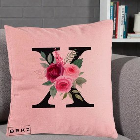 Cadou Personalizat - Perna Personalizata Monograma Florala Litera X cu Buchet, 40x40 cm, Roz, Husa Detasabila, Perna Inclusa, BEKZ®