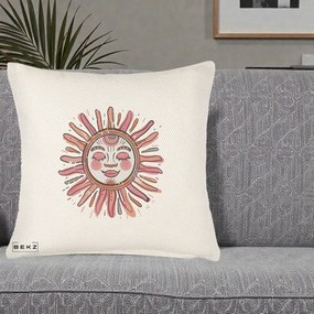 Perna Decorativa Soare Roz Tribal, 40x40 cm, Crem Reliefat, Husa Detasabila, Perna Inclusa, BEKZ®