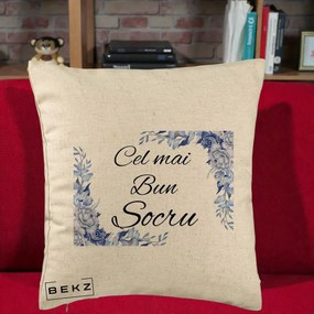Cadou pentru Socru - Perna Personalizata Cel mai Bun Socru cu Flori Albastre Acuarela, 40x40 cm, Bej, Husa Detasabila, Perna Inclusa, BEKZ®