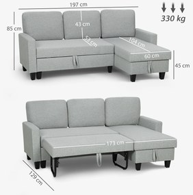 HOMCOM Canapea Extensibilă 3 Locuri cu Spațiu de Depozitare, 197x129x85 cm, Gri și Negru | Aosom Romania