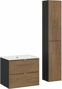 Set dulap baza suspendat 60 cm cu lavoar si dulap coloana Comad Talia negru mat si stejar Casella