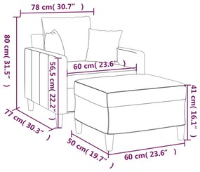 Fotoliu canapea cu taburet, gri deschis, 60 cm, catifea Gri deschis, 78 x 77 x 80 cm
