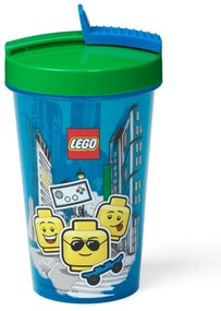Pahar cu capac verde și pai LEGO® Iconic, 500 ml, albastru