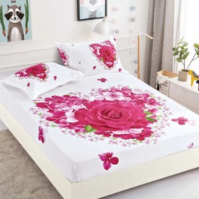 Husa de pat cu elastic + 2 Fete de Perna 160x200, Pink Roses