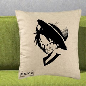 Perna Personalizata One Piece Luffy Silueta Alb-Negru, 40x40 cm, Bej, Husa Detasabila, Perna Inclusa, BEKZ®