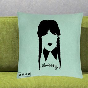 Perna Personalizata Wednesday Addams Silueta Alb-Negru, 40x40 cm, Verde Menta, Husa Detasabila, Perna Inclusa, BEKZ®