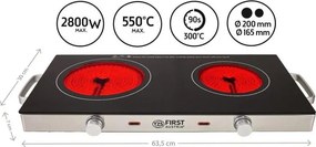 Resigilat: Plită dubla cu infrarosu FIRST FA-5096-7, 2800W, Pana la 300°C, Termostat, Sticla ceramica, Negru/Inox