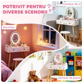 AIYAPLAY Set Măsuță și Scaun pentru Copii cu Oglindă cu Lumini LED în 3 Culori, Sertar, Cutii de Depozitare, pentru 3+ Ani, Alb | Aosom Romania