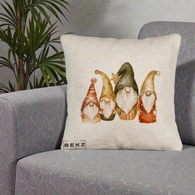 Perna Decorativa Gnomi de Craciun Patru, 40x40 cm, Bej Canapea, Husa Detasabila, Perna Inclusa, BEKZ®