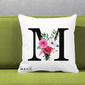 Cadou Personalizat - Perna Personalizata Monograma Florala Litera M cu Trandafiri si Anemona, 40x40 cm, Alba Mata, Husa Detasabila, Perna Inclusa, BEKZ®