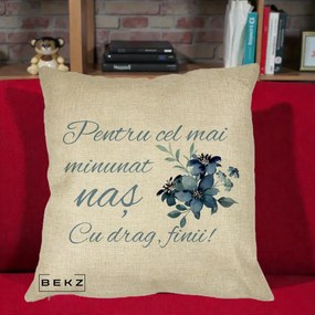 Cadou pentru Nas - Perna Personalizata Pentru Cel mai Minunat Nas Cu drag Finii, 40x40 cm, Crem, Husa Detasabila, Perna Inclusa, BEKZ®