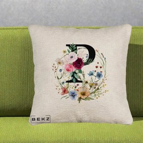 Cadou Personalizat - Perna Personalizata Monogram Litera P cu Flori Acuarela, 40x40 cm, Bej Canapea, Husa Detasabila, Perna Inclusa, BEKZ®