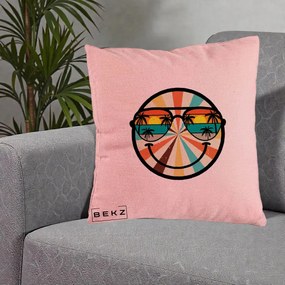 Perna Decorativa Smiley Face Retro Sunset Palmieri, 40x40 cm, Roz, Husa Detasabila, Perna Inclusa, BEKZ®