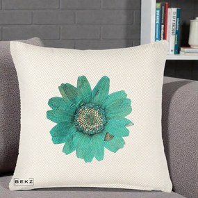 Perna Decorativa Floare Gerbera Teal Acuarela, 40x40 cm, Crem Reliefat, Husa Detasabila, Perna Inclusa, BEKZ®
