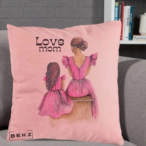 Cadou pentru Mama - Perna Personalizata Love Mom Rochii Roz, 40x40 cm, Roz, Husa Detasabila, Perna Inclusa, BEKZ®