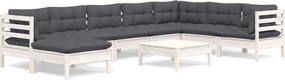 vidaXL Set mobilier de grădină cu perne, 9 piese, alb, lemn masiv pin