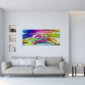 Tablou - Zid de cărămidă cu flăcări colorate (120x50 cm)