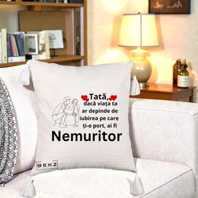 Cadou pentru Tata - Perna Personalizata Tata Nemuritor Baietel, 40x40 cm, Bej cu Franjuri, Husa Detasabila, Perna Inclusa, BEKZ®