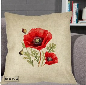 Perna Decorativa Maci Rosii Acuarela, 40x40 cm, Crem, Husa Detasabila, Perna Inclusa, BEKZ®