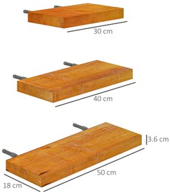 HOMCOM Set de 3 Rafturi de Perete din Lemn de Pin pentru Sufragerie, Dormitor si Studiou, 30/40/50x18x3.6cm, Maro | Aosom Romania