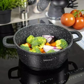 Oală cu capac 24 cm, 4.5L – Kinghoff KH 1595, strat de marmură, culoare neagră, pentru gătit zilnic, plite și inducție