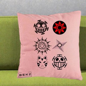 Perna Personalizata Simboluri Anime Mix - Naruto One Piece, 40x40 cm, Roz, Husa Detasabila, Perna Inclusa, BEKZ®