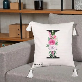 Cadou Personalizat - Perna Personalizata Monograma Florala Litera I, 40x40 cm, Bej cu Franjuri, Husa Detasabila, Perna Inclusa, BEKZ®