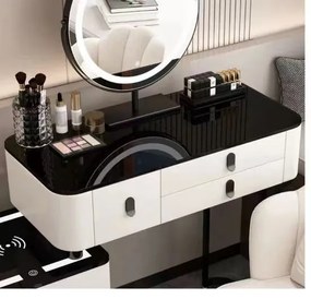 SEA83 - Set Masa toaleta, 100 cm, cosmetica, masa machiaj cu oglinda LED si scaun, masuta vanity - Alb-Negru