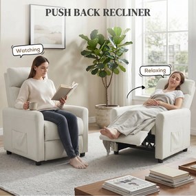 HOMCOM Fotoliu Reclinabil 135° max în Material cu Efect de In, Spumă, Oțel și Lemn, 73x86x100 cm, Crem | Aosom Romania
