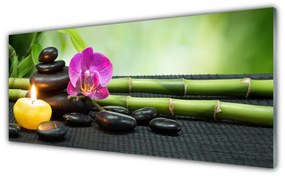 Tablou pe sticla Bamboo flori Stones Lumânare Arta Verde Roz Negru Galben