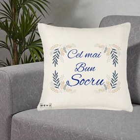 Cadou pentru Socru - Perna Personalizata Cel mai Bun Socru cu Ramuri Frunze Albastre si Aurii, 40x40 cm, Crem Reliefat, Husa Detasabila, Perna Inclusa, BEKZ®