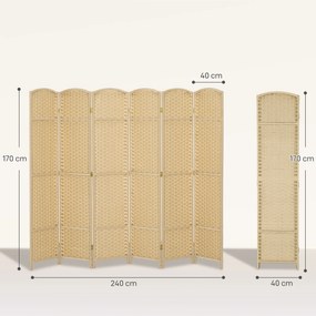 HOMCOM Paravan interior din lemn 6 panouri 240 x 170 cm separator de cameră pliabil pentru living, dormitor, natural | Aosom Romania