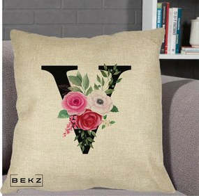 Cadou Personalizat - Perna Personalizata Monograma Florala Litera V cu Buchet, 40x40 cm, Crem, Husa Detasabila, Perna Inclusa, BEKZ®