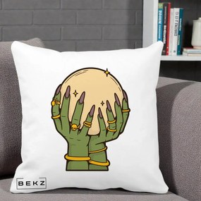 Perna Decorativa Halloween Maini Vrajitoare cu Glob de Cristal, 40x40 cm, Alba Mata, Husa Detasabila, Perna Inclusa, BEKZ®