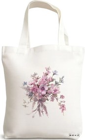 Sacosa de Panza pentru Cumparaturi, Geanta Tote, model Flowers 4 38 x 34.5 cm, Alba, BEKZ®