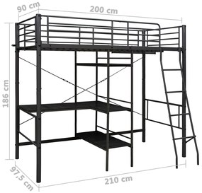 Cadru de pat supraetajat cu masa, negru, 90 x 200 cm, metal Negru, 90 x 200 cm