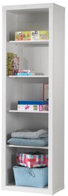 Bibliotecă pentru copii Robin albă din MDF lăcuit și pin masiv, cu 4 rafturi reglabile și finisaj cu caneluri verticale – Vipack
