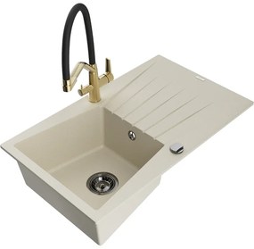Mexen Cesar chiuvetă de granit cu o cuvă și scurgător și baterie de bucătărie Duo, bej - 6514-69-671701-57-B