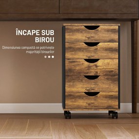 HOMCOM Comodă de Birou cu 5 Sertare și Roți Pivotante cu Frâne, 40x40x67 cm, Maro Rustic | Aosom Romania