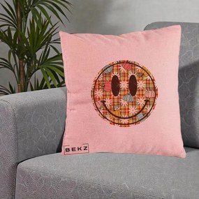 Perna Decorativa Smiley Face de Toamna cu Tartan si Dovlecei, 40x40 cm, Roz, Husa Detasabila, Perna Inclusa, BEKZ®