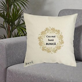 Cadou pentru Bunica - Perna Personalizata Cea Mai Buna Bunica Coronita Frunze Acuarela, 40x40 cm, Ecru, Husa Detasabila, Perna Inclusa, BEKZ®