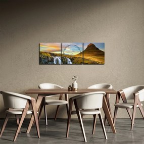 Tablou cu munții și cascade pe Islanda (cu ceas) (90x30 cm)