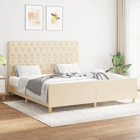 Cadru de pat cu tablie, crem, 160x200 cm, textil Crem, 160 x 200 cm, Design cu nasturi
